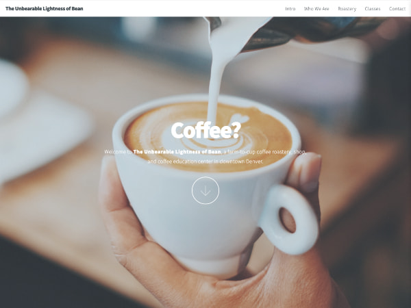 Screenshot of a coffee shop website showing a cappuccino being poured