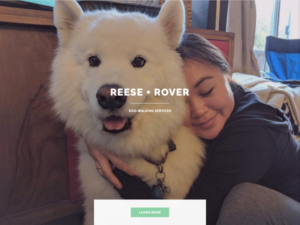 Screenshot of a dog-walking business website showing an Asian woman hugging a fluffy, white dog