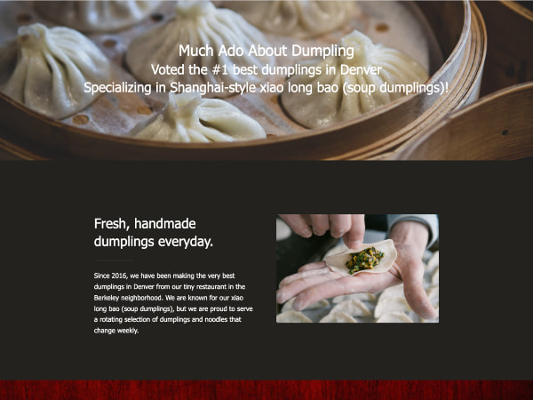 Screenshot of a dumpling restaurant website, with an image of a steamer basket full of soup dumplings